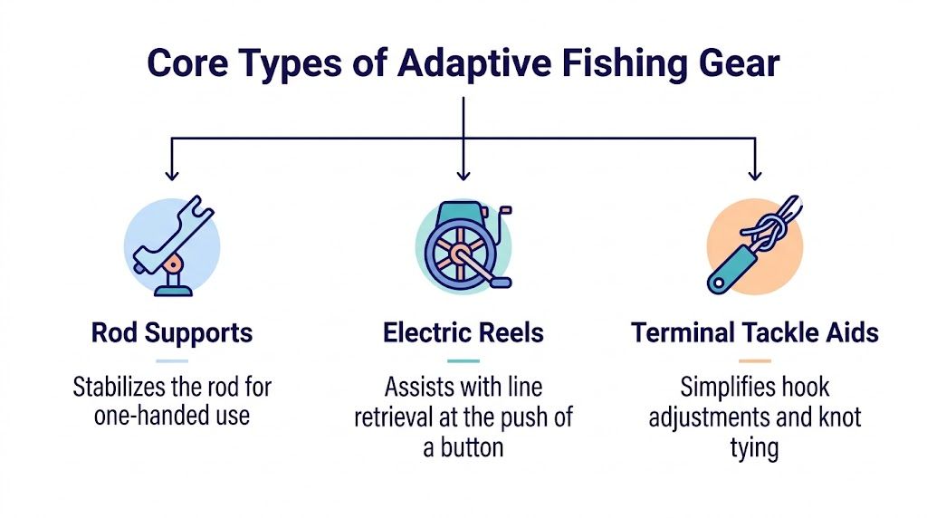 An infographic showing the three core types of adaptive fishing equipment: rod supports, electric reels, and terminal tackle aids.