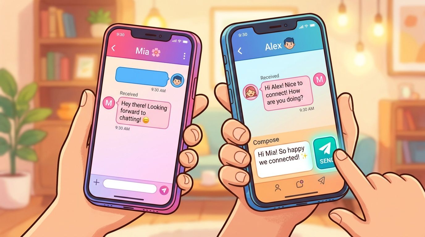 Two hands holding smartphones displaying a dating app conversation between two people named Mia and Alex.