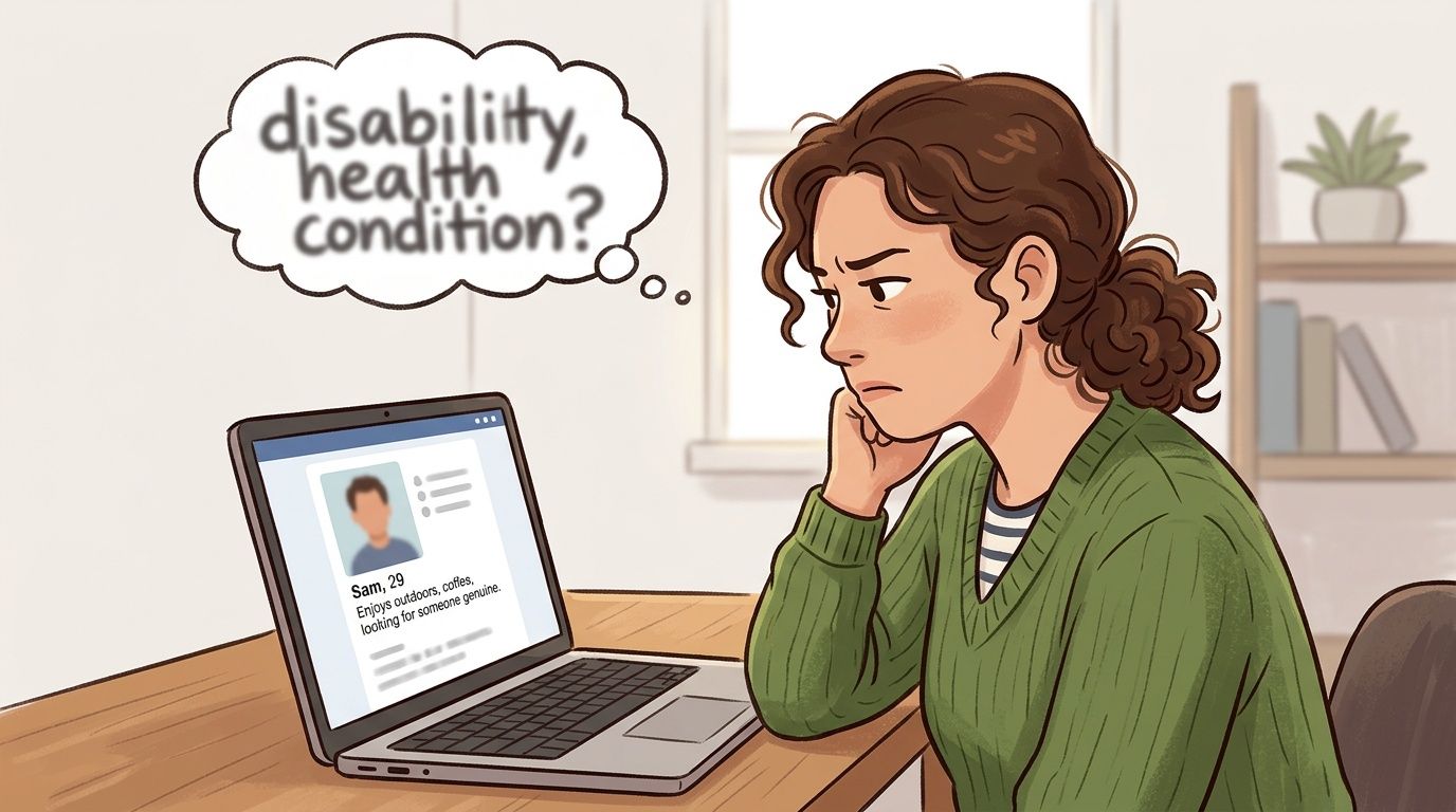 A young woman looks thoughtful while browsing a dating profile on her laptop, contemplating medical disclosure.