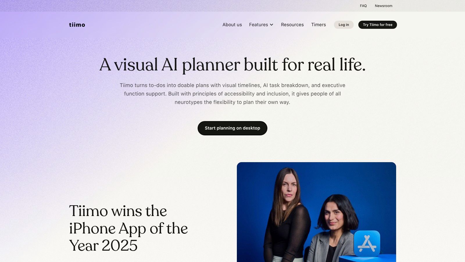 A phone showing the Tiimo app interface with a colorful visual timeline of daily tasks.