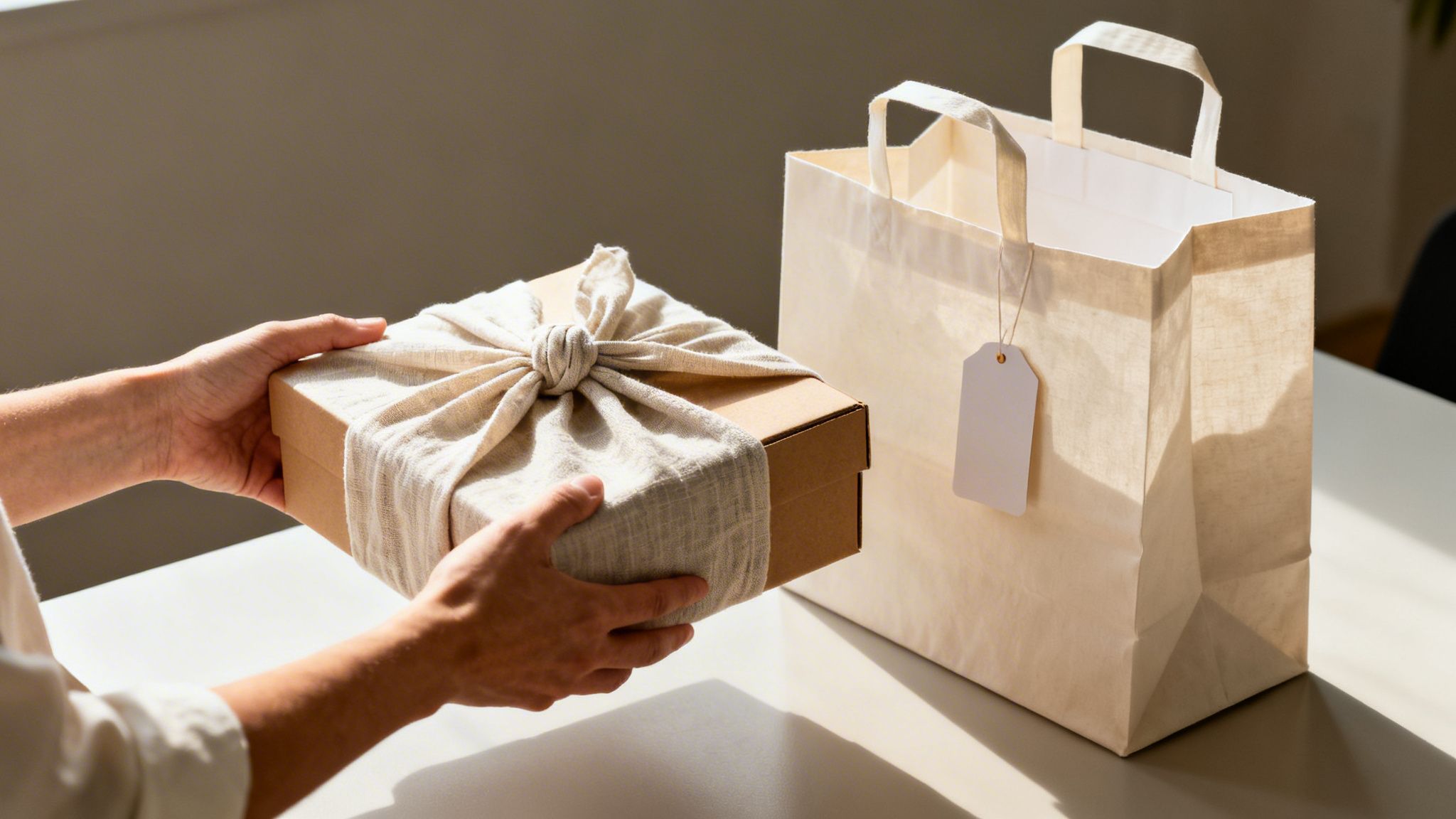 Hands holding a fabric-wrapped gift box next to a paper bag with a blank tag.