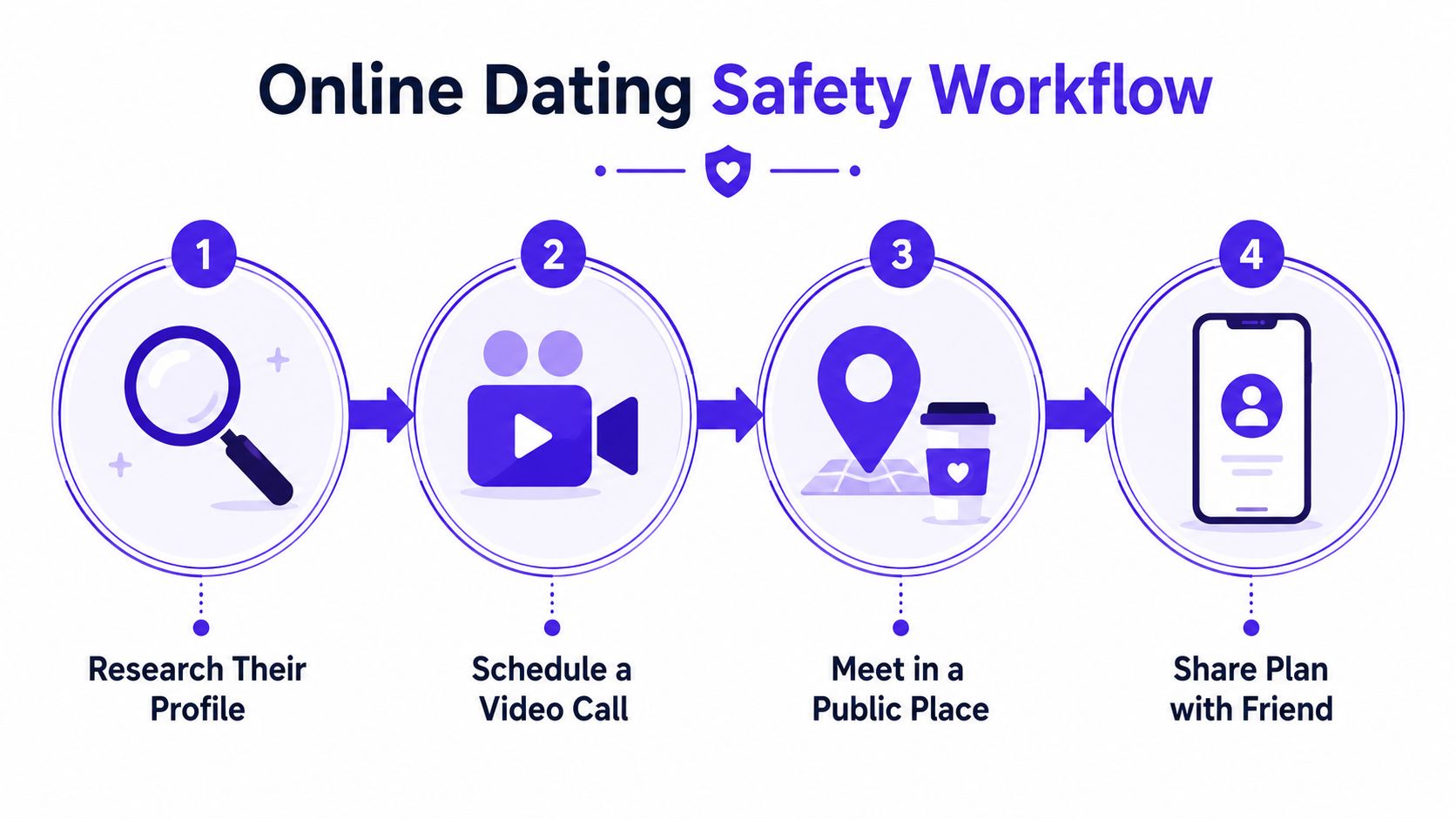 A four-step infographic illustrating a safety workflow for online dating, featuring icons for research, video calls, and meeting in public.