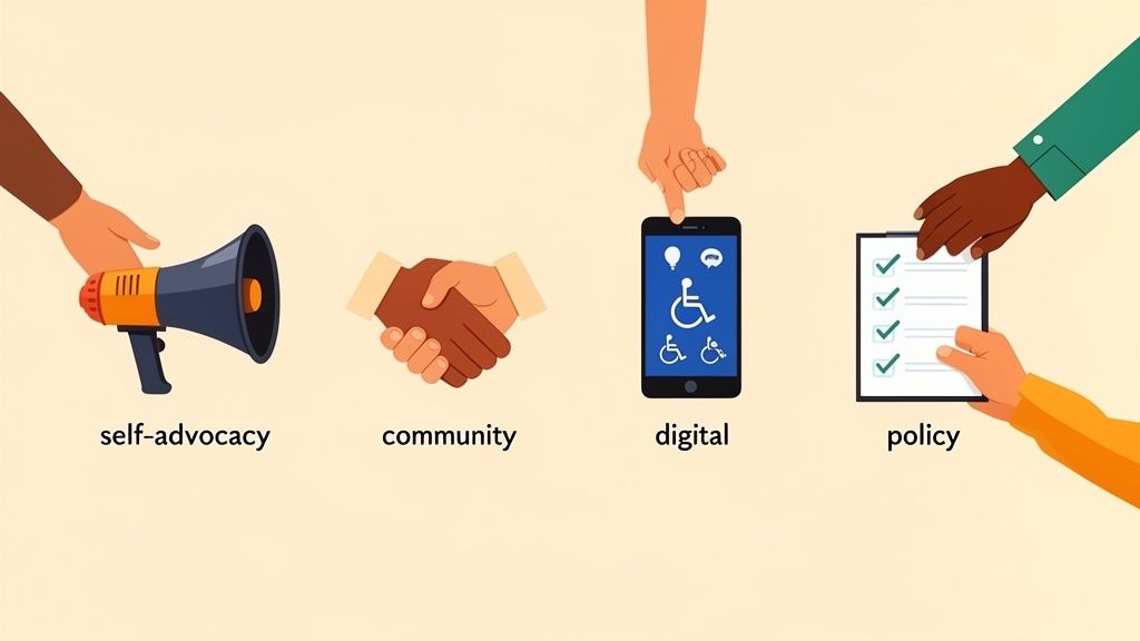 Four illustrated concepts: self-advocacy (megaphone), community (handshake), digital (smartphone), and policy (clipboard).