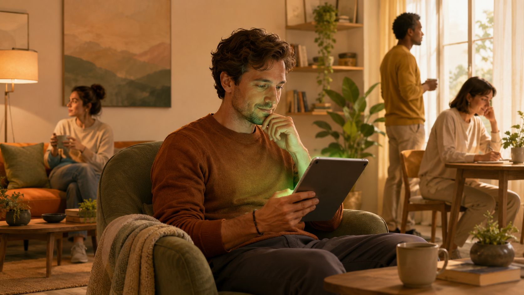 A man sits in a living room using a digital tablet while others relax in the background.
