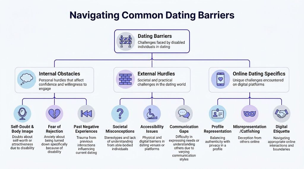 A flowchart infographic outlining common dating barriers for disabled individuals, categorized into internal obstacles, external hurdles, and online specific challenges.