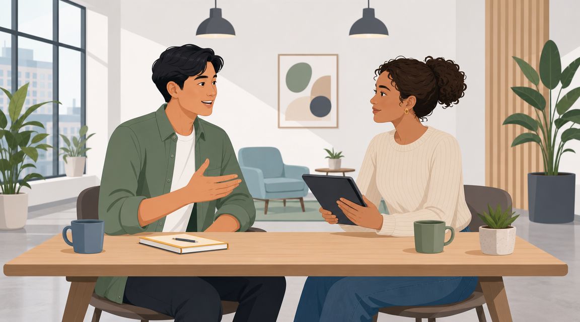 A diverse man and woman having a friendly conversation and using a tablet in a modern office.