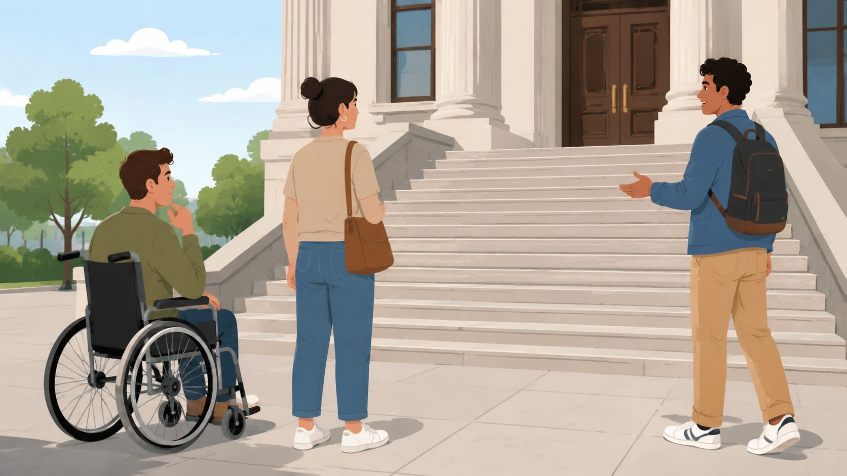 A young man in a wheelchair and a woman stand before a building with steps.