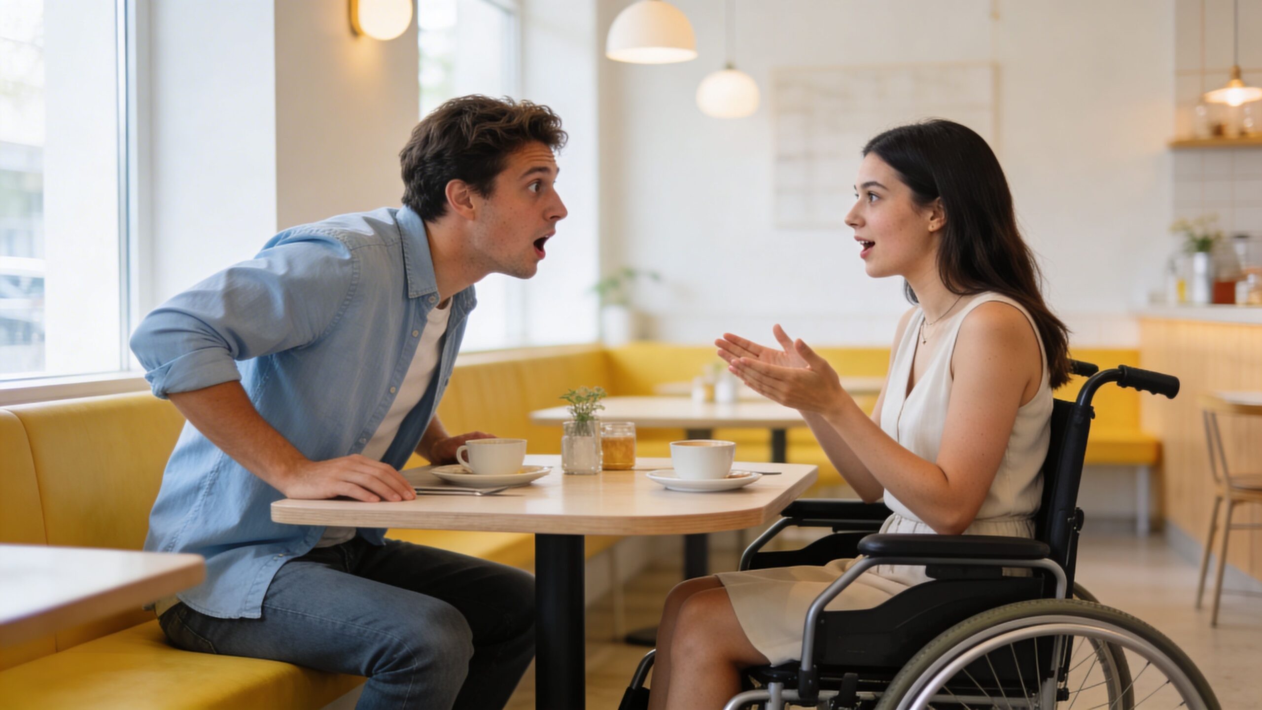 A man and a woman in a wheelchair having an engaged and surprising conversation in a coffee shop.