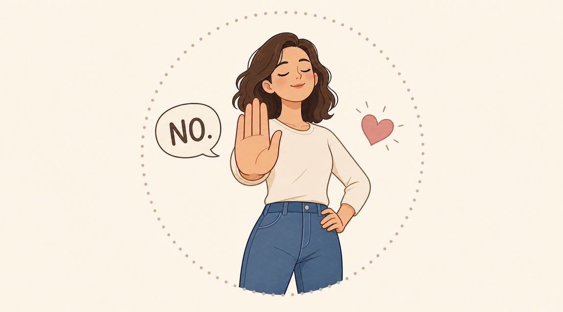 A woman with a calm expression holding up her hand in a stop gesture, conveying healthy boundaries.