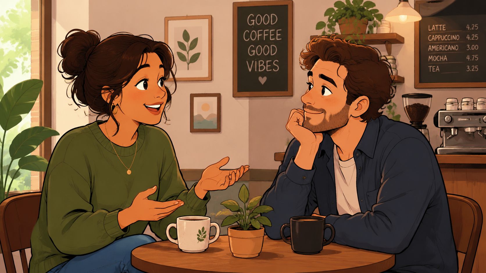 A young couple enjoying a conversation while sitting at a cafe table with coffee and plants.