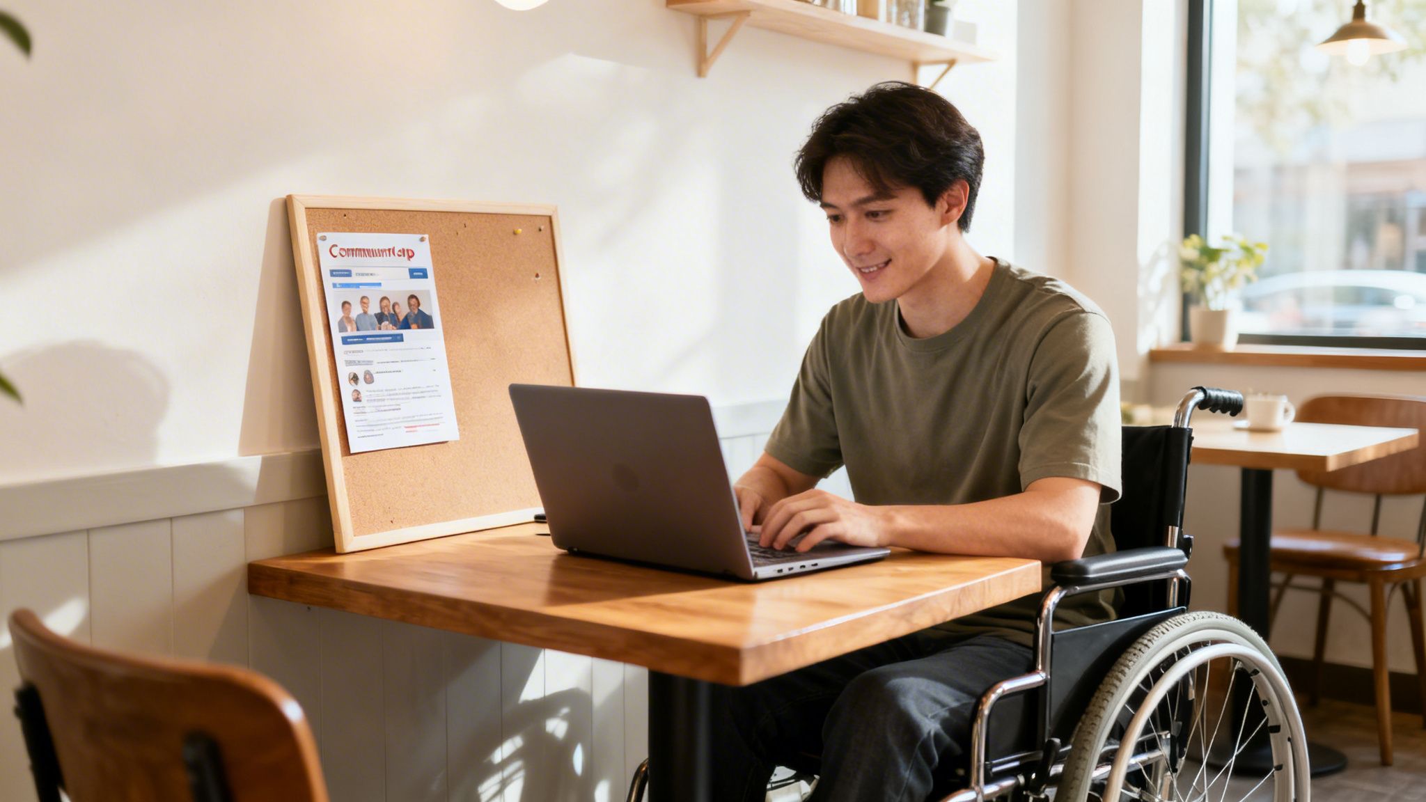 A young man in a wheelchair happily uses his laptop in a bright cafe.
