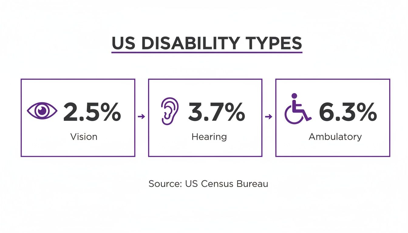 Infographic showing US disability types: Vision 2.5%, Hearing 3.7%, and Ambulatory 6.3%.