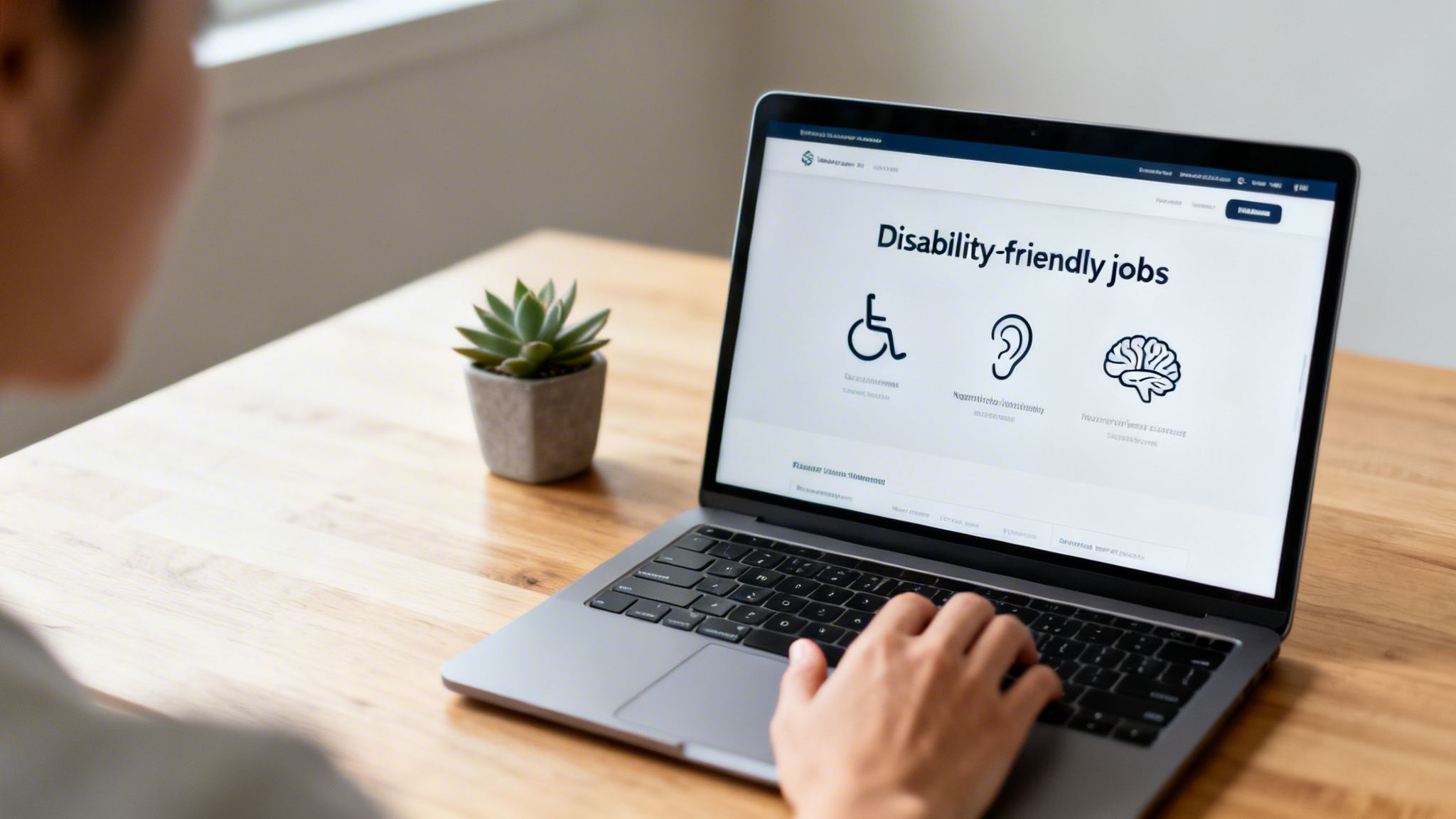 A person searching for disability-friendly jobs on a laptop, with a succulent on a wooden desk.