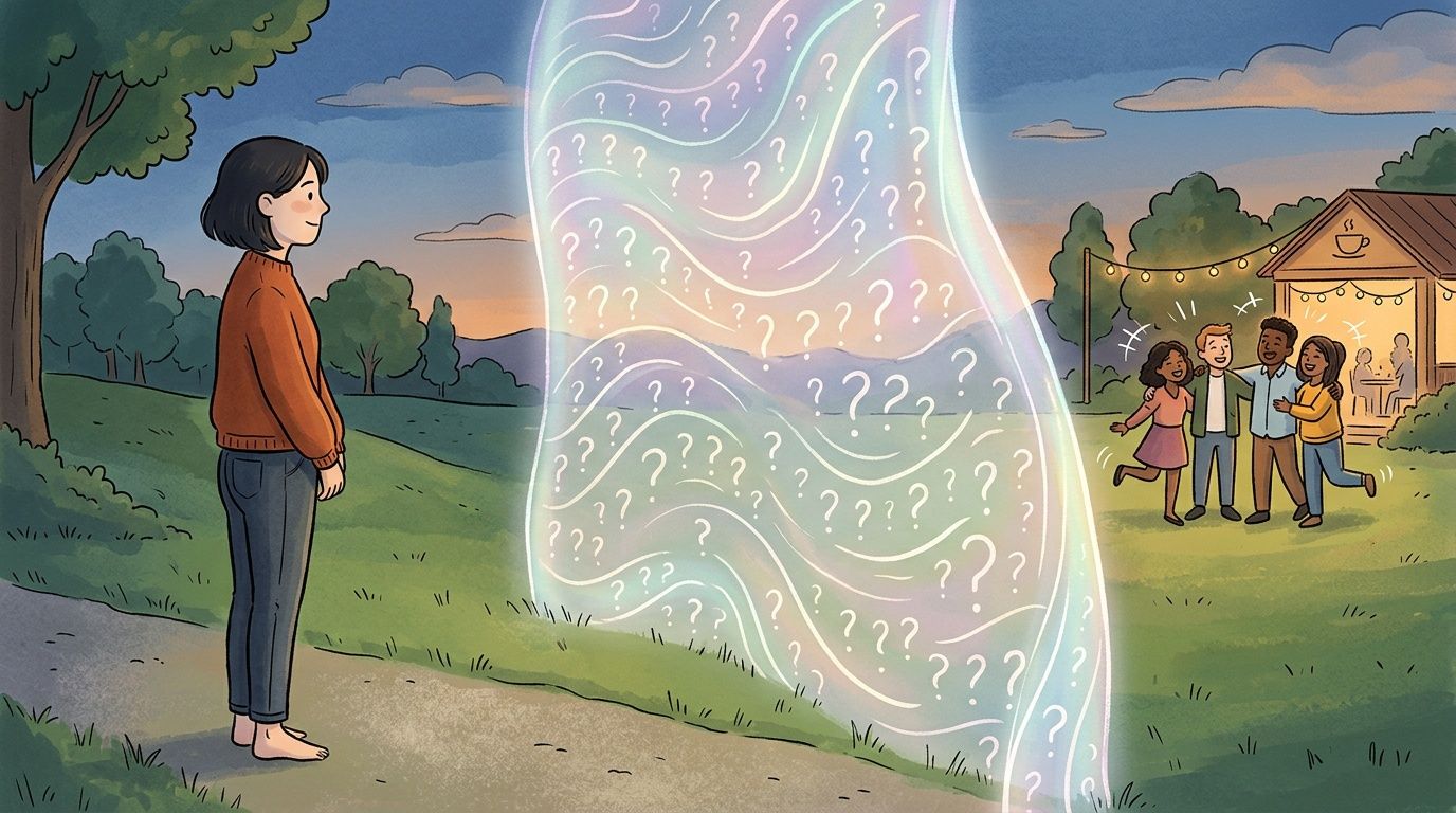 A person standing alone, separated by a glowing barrier of question marks from a group of friends.