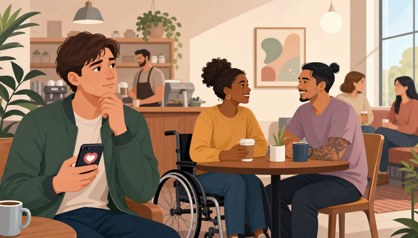 A young man looking thoughtfully at his phone in a cafe while a couple talks nearby.