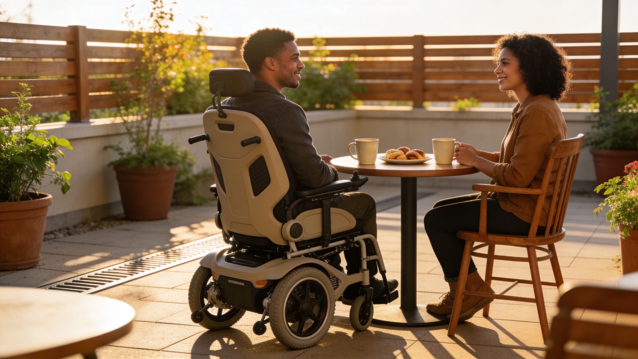 A happy couple sitting at a patio table outdoors, enjoying coffee and pastries during sunset.