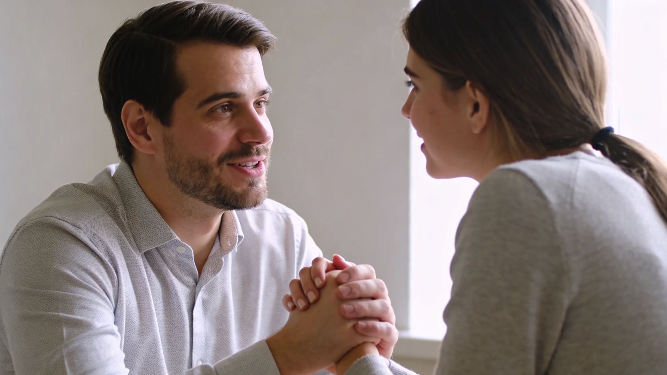 A caring man holding hands with a woman while having a supportive, intimate conversation together.