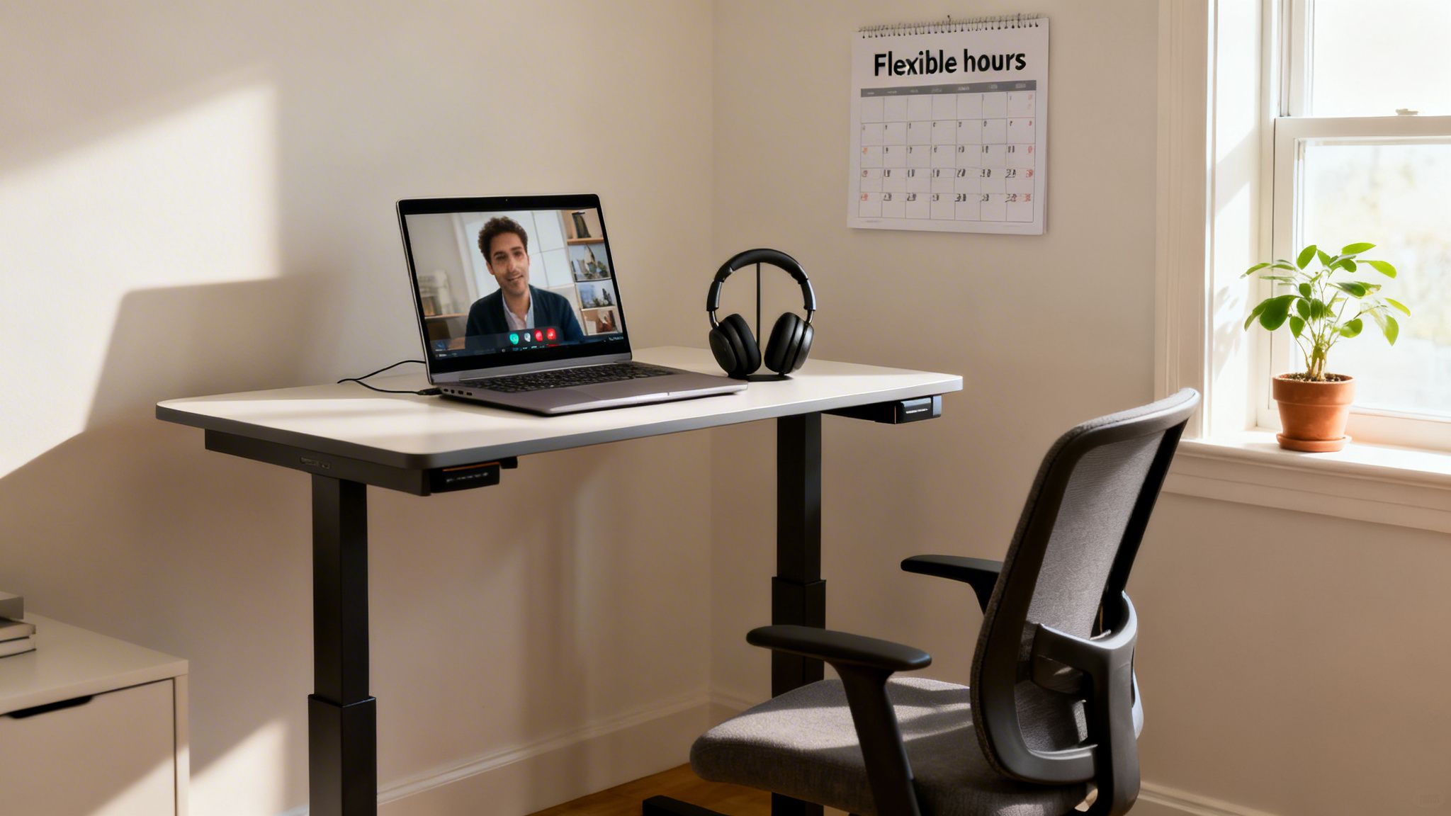A modern home office setup with a laptop on a standing desk, headphones, and a plant.