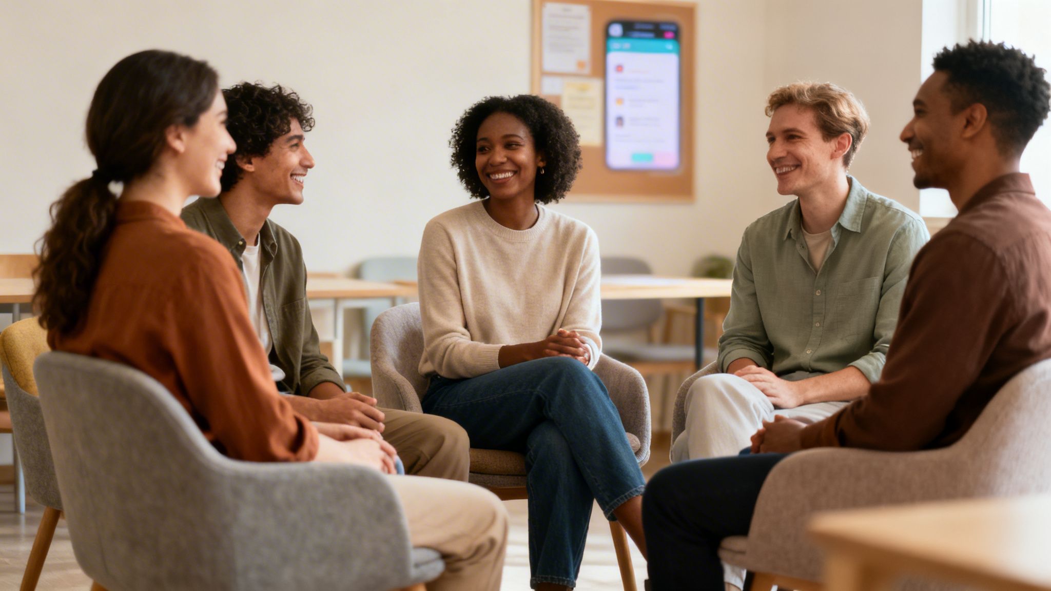 Diverse young adults smiling and talking in a casual group discussion setting.