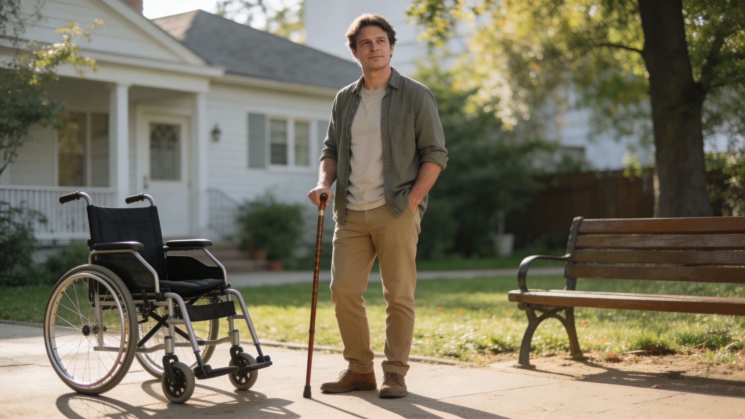 A man standing outdoors with a walking cane next to a wheelchair on a sidewalk.