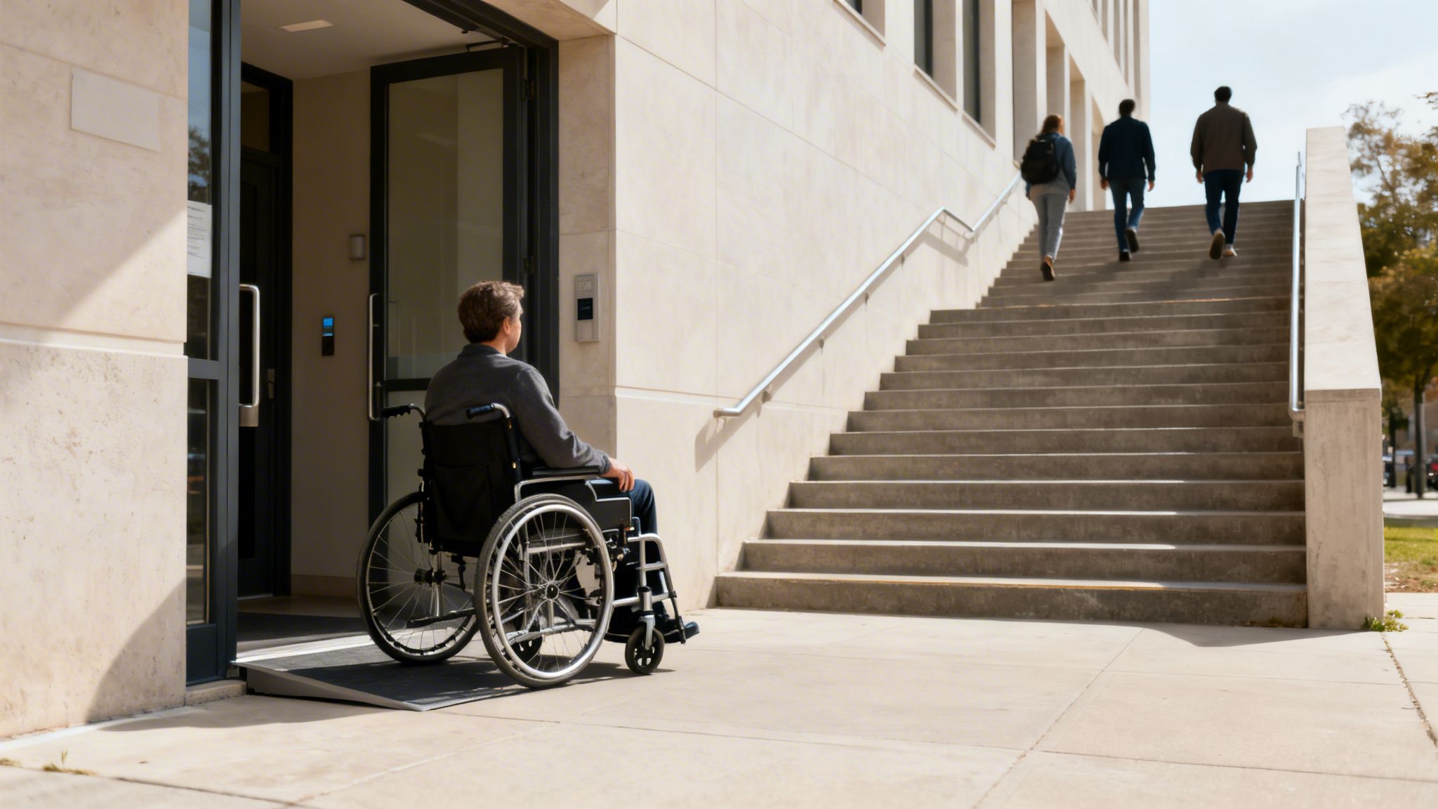 A person in a wheelchair waits at an accessible building entrance with a ramp, while others walk up stairs.
