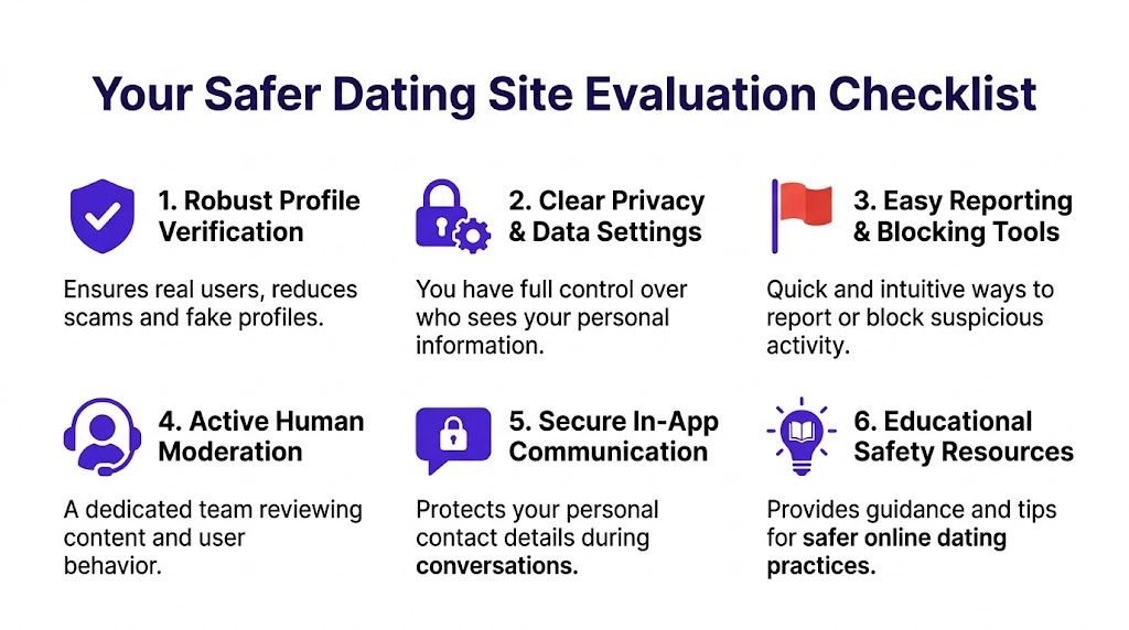 A six-point infographic checklist for evaluating the safety features and security protocols of online dating websites.