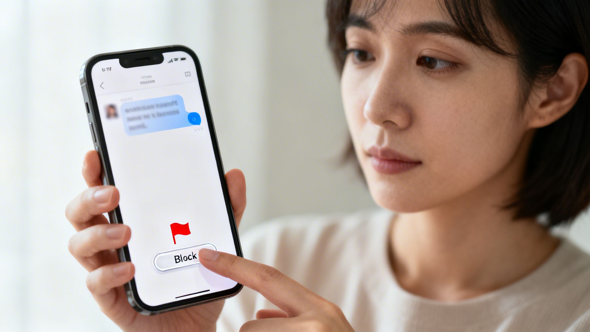 A young woman uses her smartphone to block an unwanted contact in a messaging app.