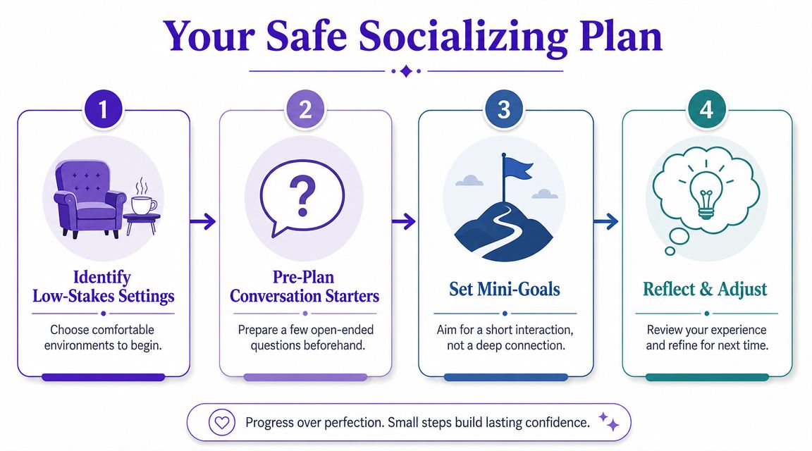 A four-step infographic guide for people with anxiety to approach social interactions with small manageable goals.