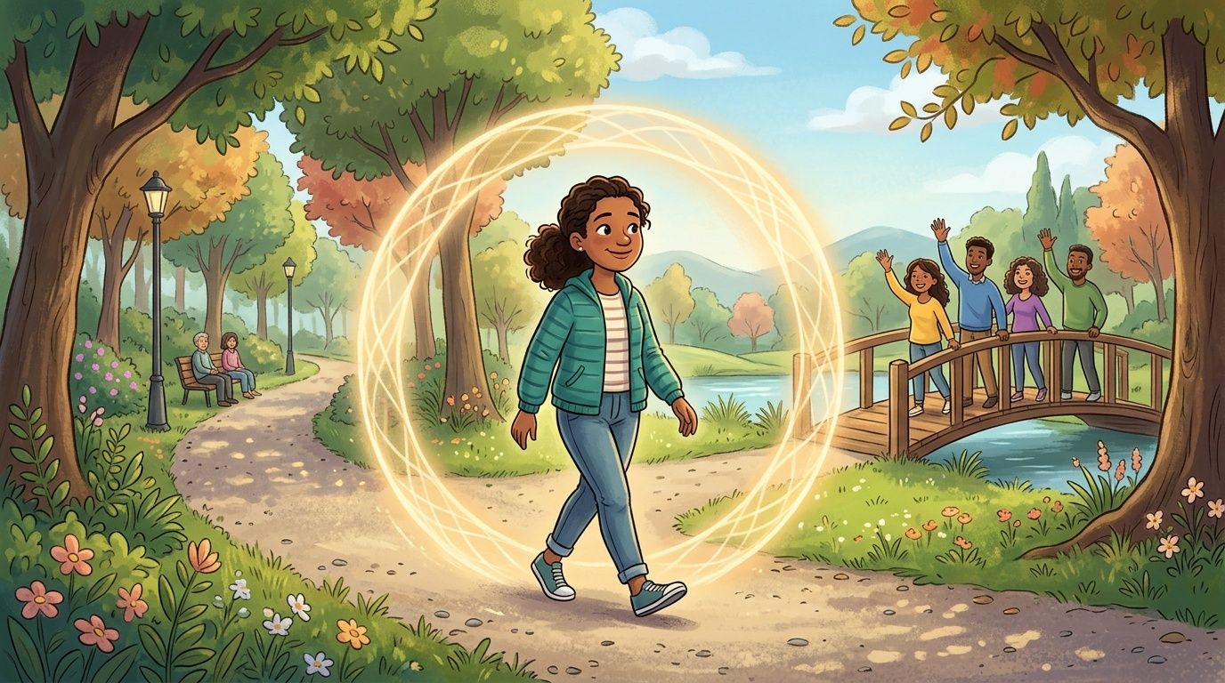 A young woman walking through a park surrounded by a glowing energy circle with friends waving nearby.