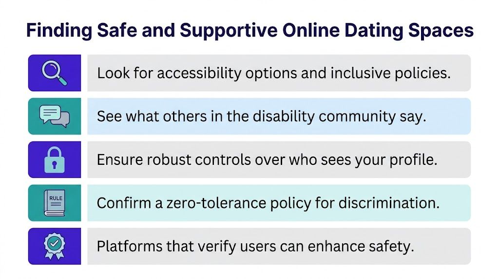 A list of five essential tips for finding safe and supportive online dating platforms for people with disabilities.