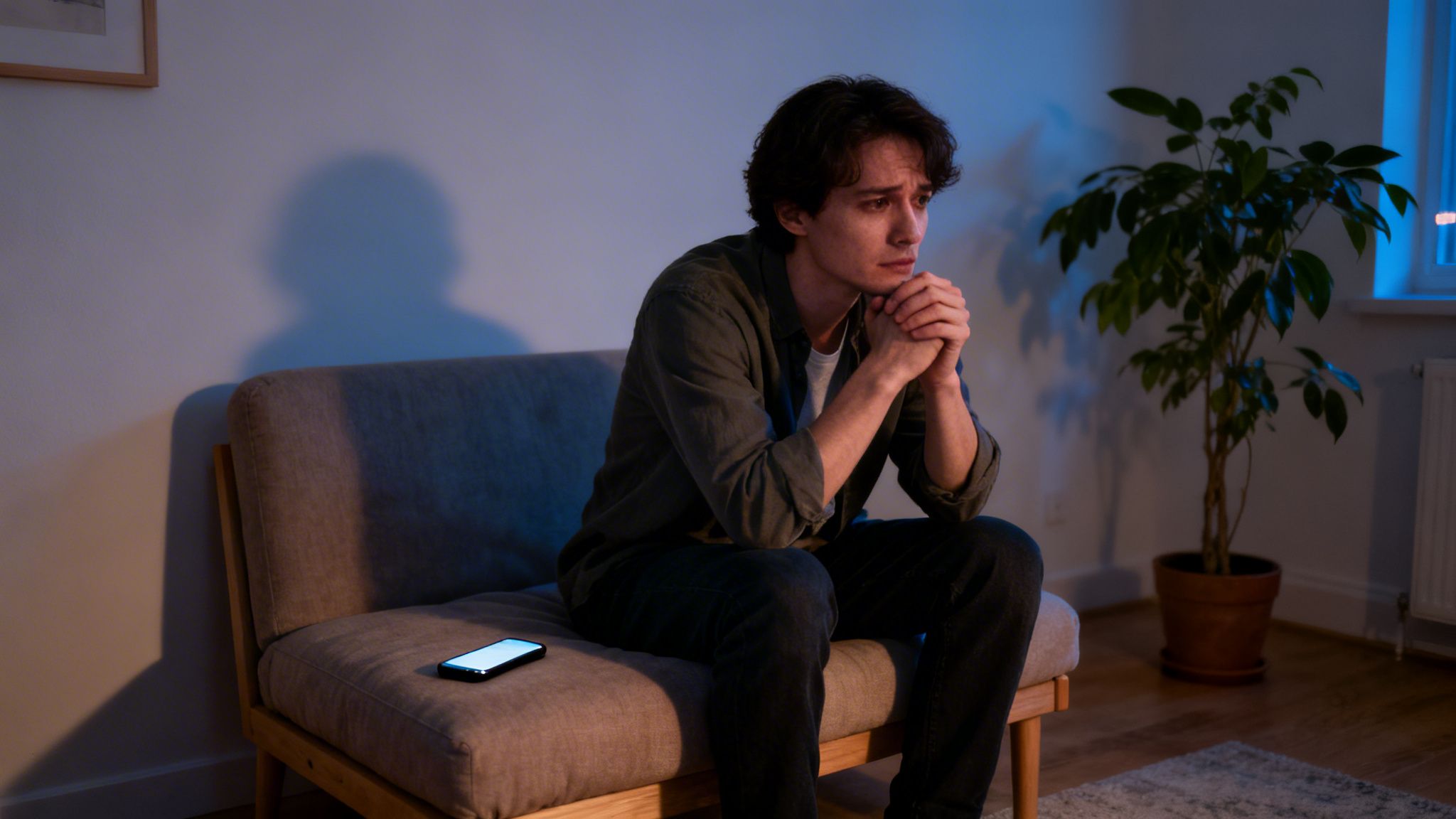 Distressed young man on a couch, hands clasped, with a glowing phone nearby in dim light.