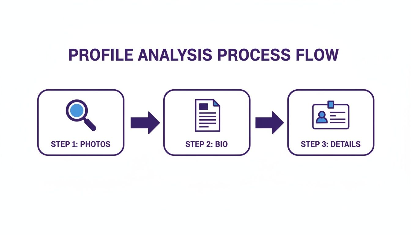 A profile analysis process flow diagram showing steps: photos, bio, and details.