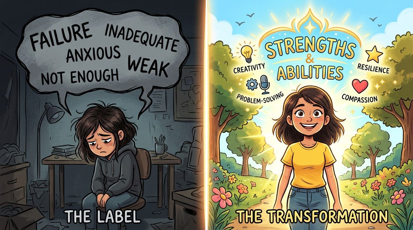 A split image showing a sad girl with negative labels transitioning to a happy, empowered woman surrounded by strengths.