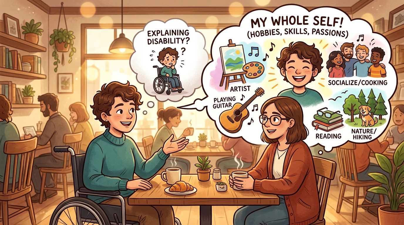 A person in a wheelchair shares their passions and diverse interests with a friend in a cafe.