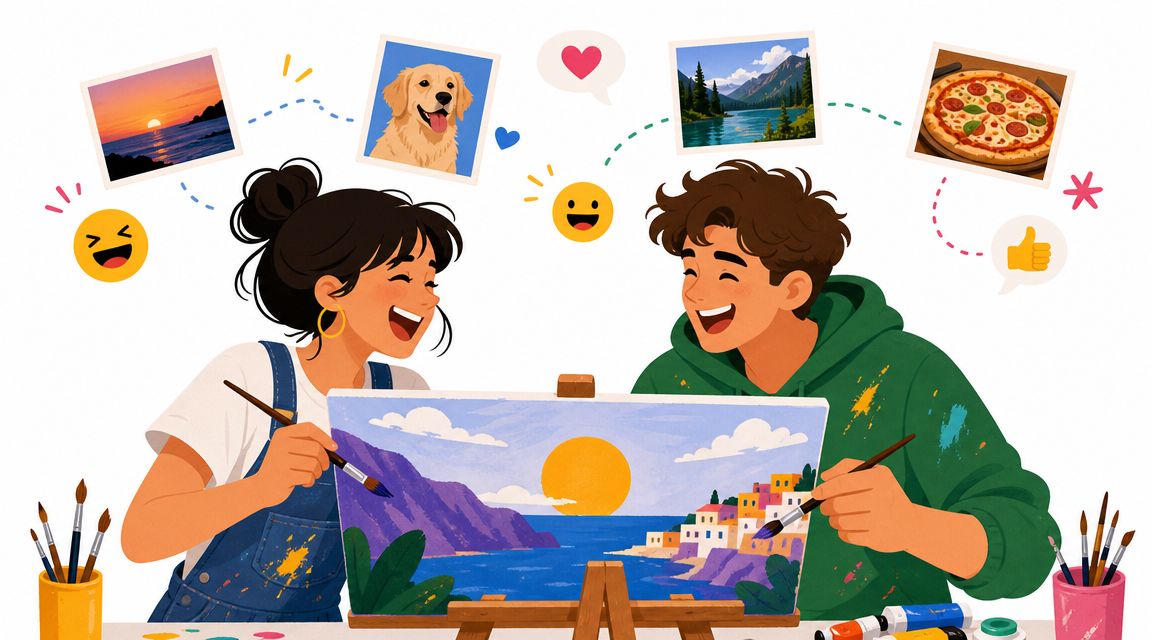 A young couple with Down syndrome happily painting a coastal scene together on a shared canvas.