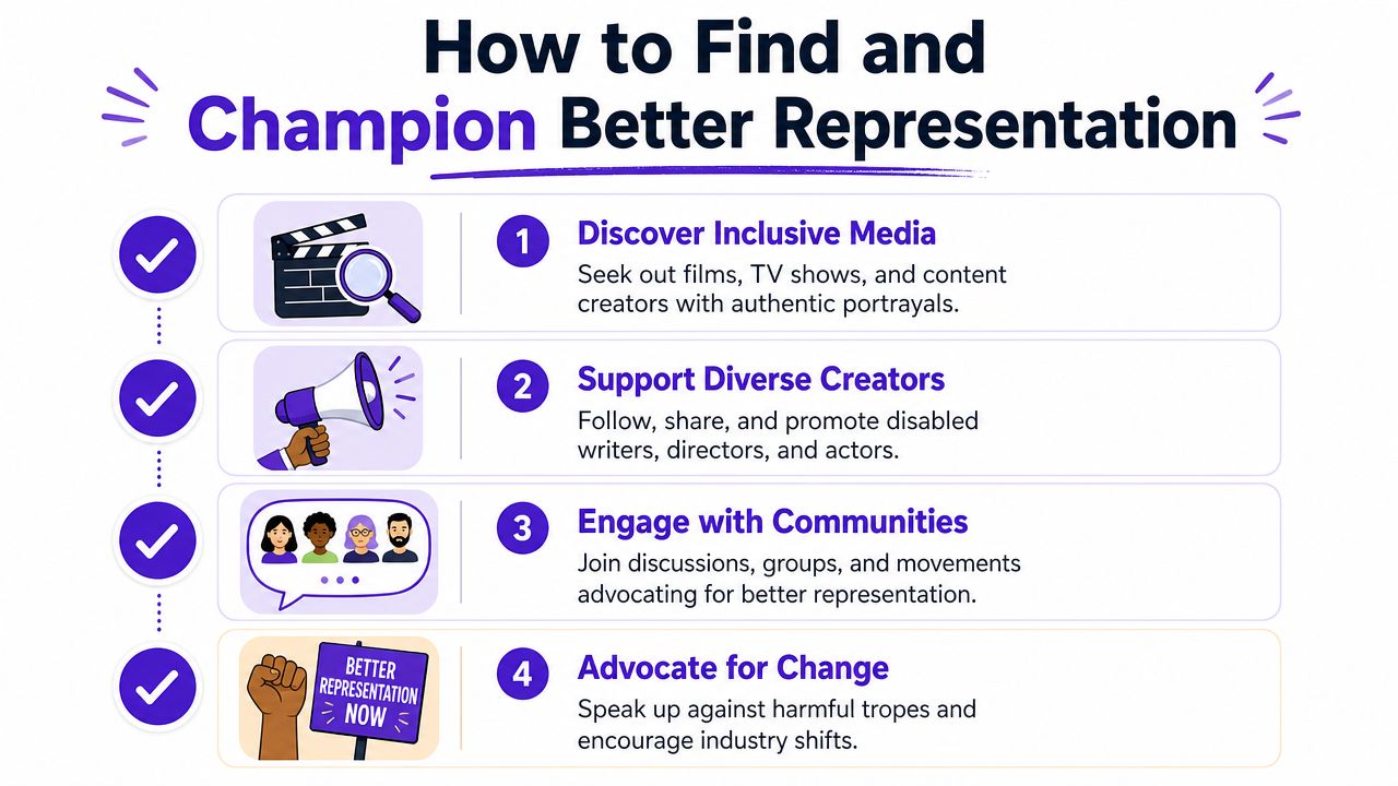 A colorful infographic titled How to Find and Champion Better Representation with four actionable steps for inclusivity.
