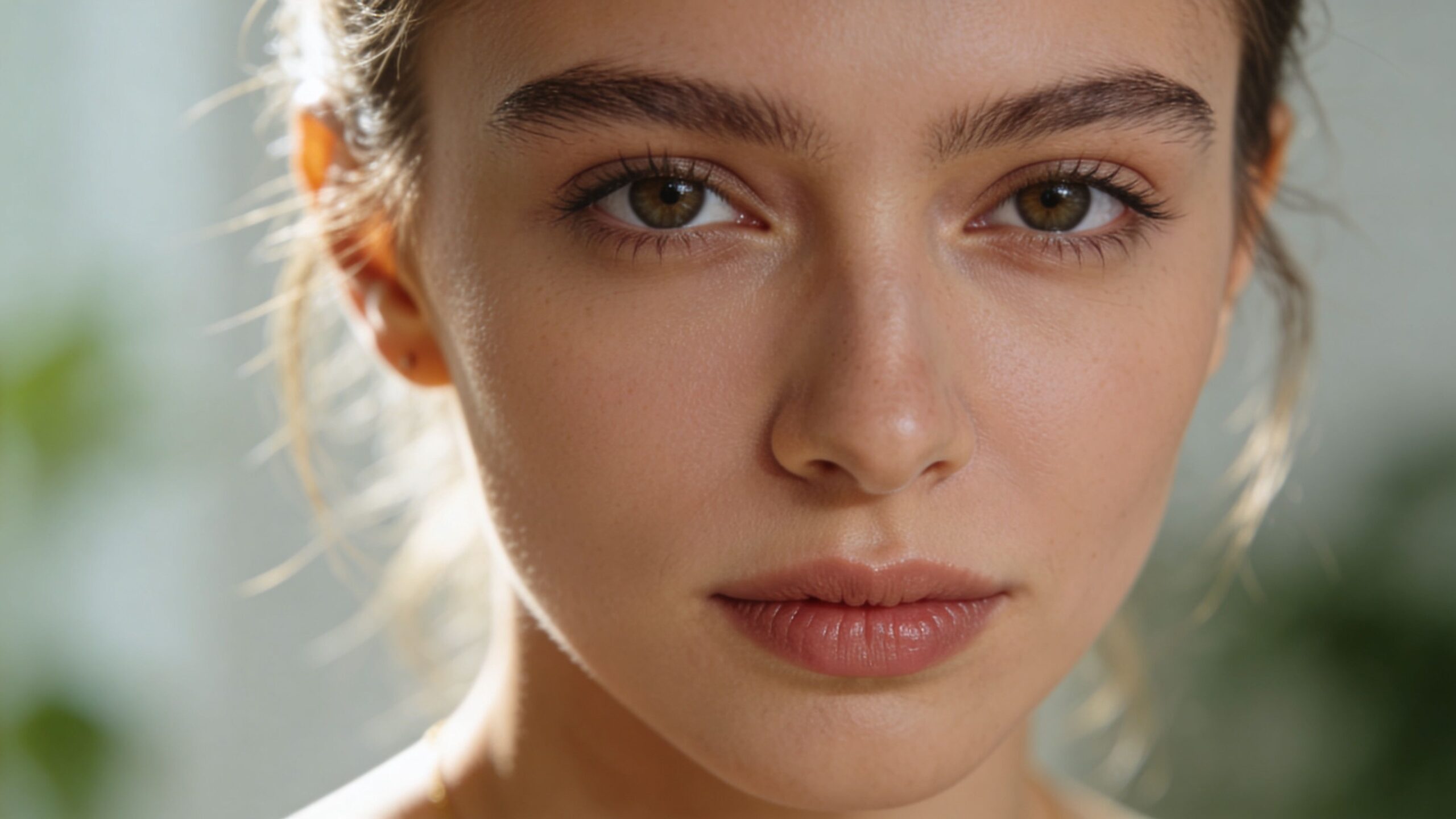 A close-up portrait of a woman with natural features and a neutral expression looking directly forward.