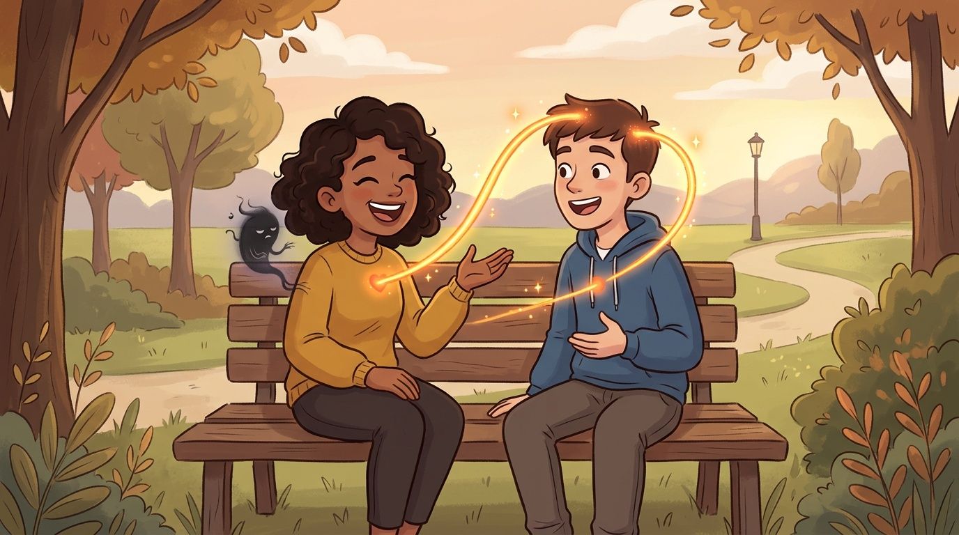 A girl with a small anxiety shadow figure sitting next to a boy, connecting through glowing hearts.