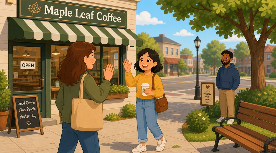 Two women greet each other happily outside a cozy neighborhood coffee shop on a sunny day.