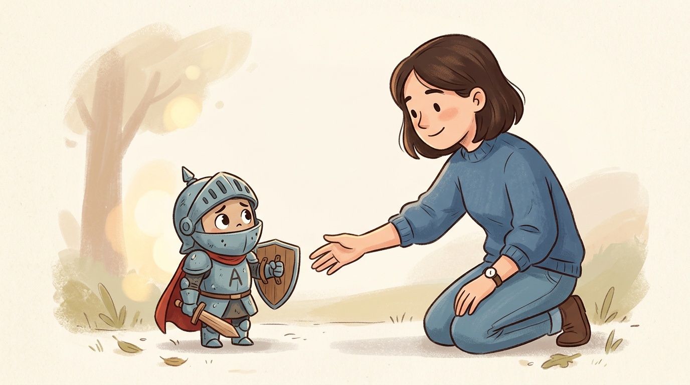 A kind woman kneeling to comfort a small child wearing a toy knight costume in a park.