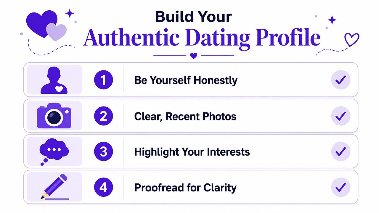 A list of four tips for creating an authentic dating profile to improve online romantic success.