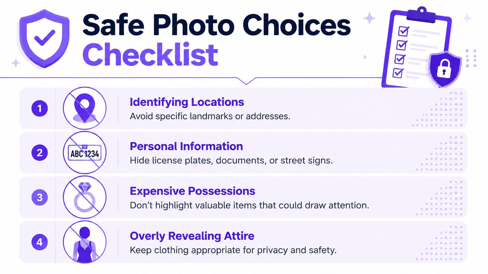A safety infographic checklist showing four tips for choosing appropriate photos for online dating and social media.