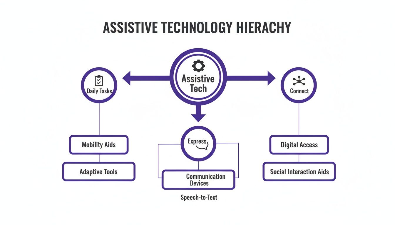 Hierarchy diagram showing assistive technology categories for daily tasks, expression, and connection, including mobility aids and communication devices.