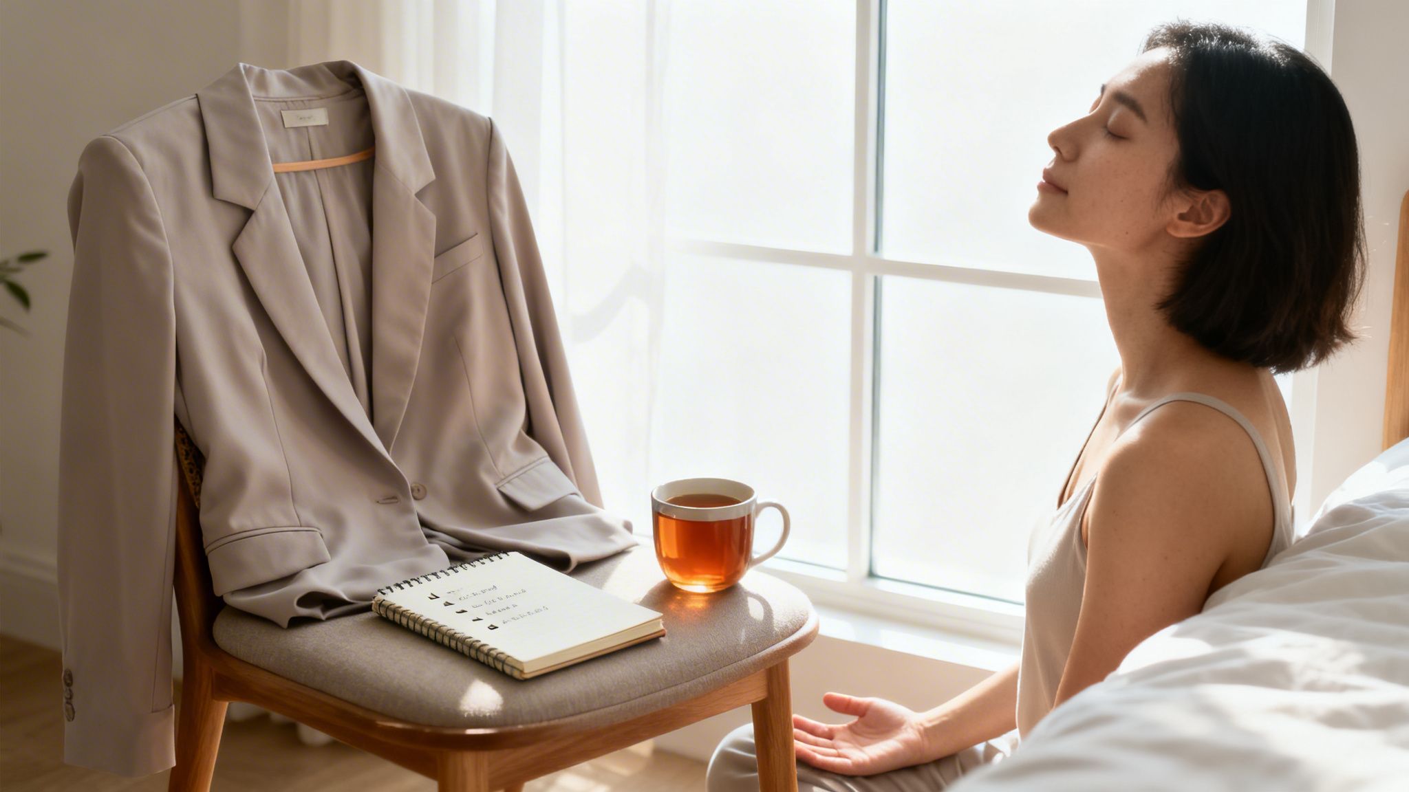 A woman meditates by a sunny window, next to a blazer, notebook, and tea cup on a chair.
