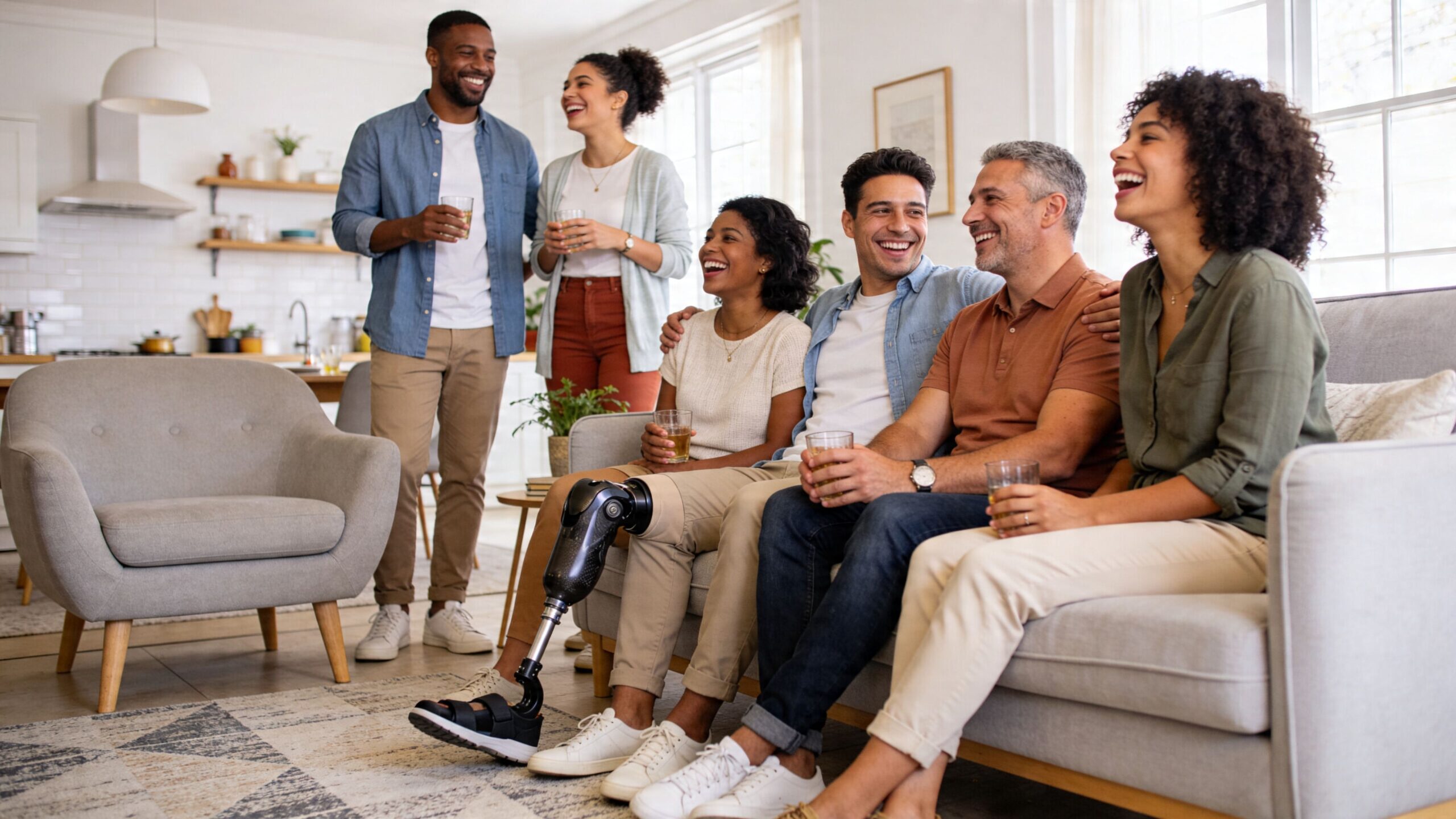 A diverse group of friends laughing and talking together in a bright, modern living room interior.