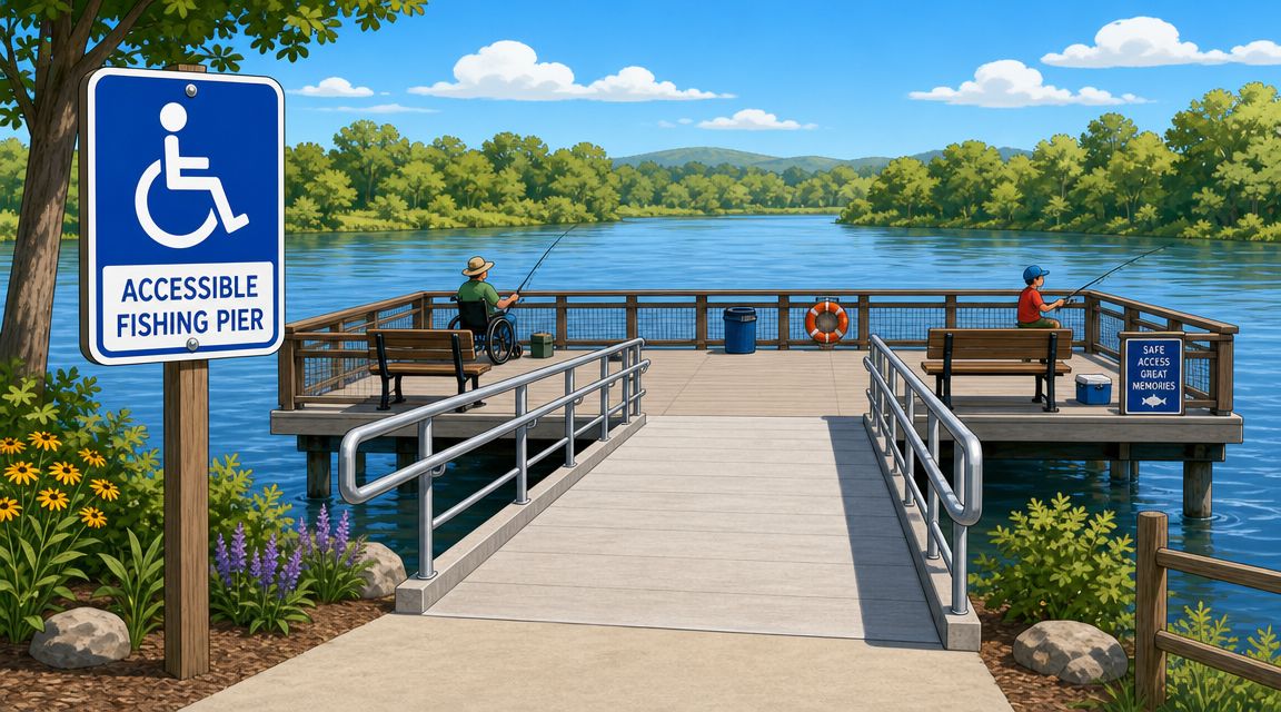 An accessible wooden fishing pier on a calm lake with a wheelchair-using angler and a child fishing.