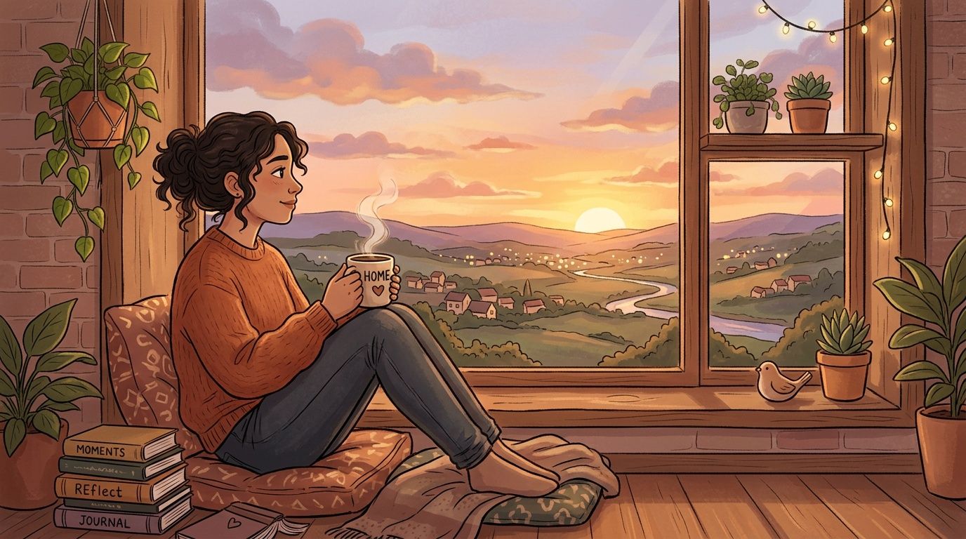 A woman sits by a window at sunset, drinking from a mug labeled HOME, in a cozy room.