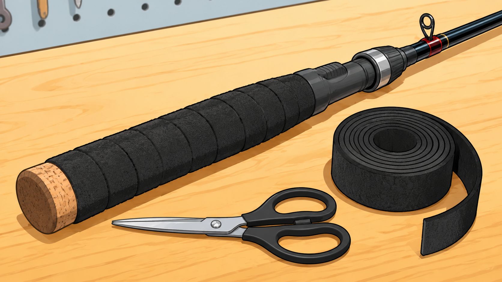 A fishing rod handle wrapped in black grip tape, alongside a roll of tape and scissors.