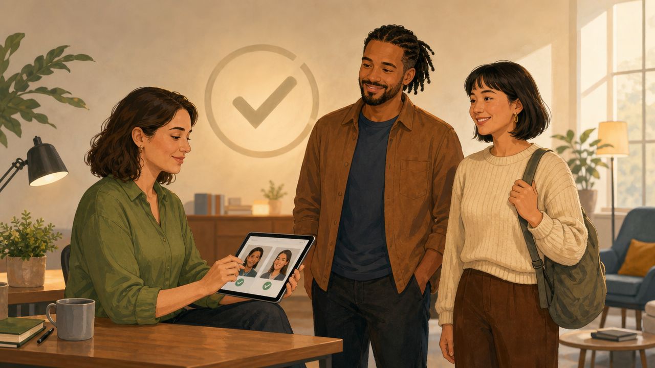 A professional advisor showing profile pictures on a tablet to a happy couple in an office setting.