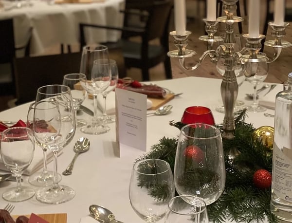 For company Christmas dinners, we pay attention to every detail, including the table decorations.
